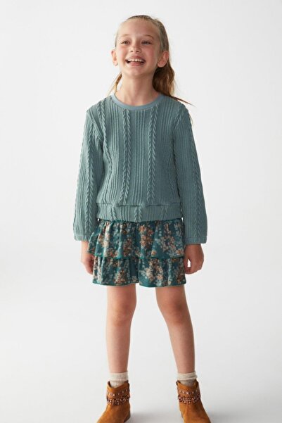 nk kids Kız Çocuk Saç Örgülü Triko Kazak 35507 Yeşil