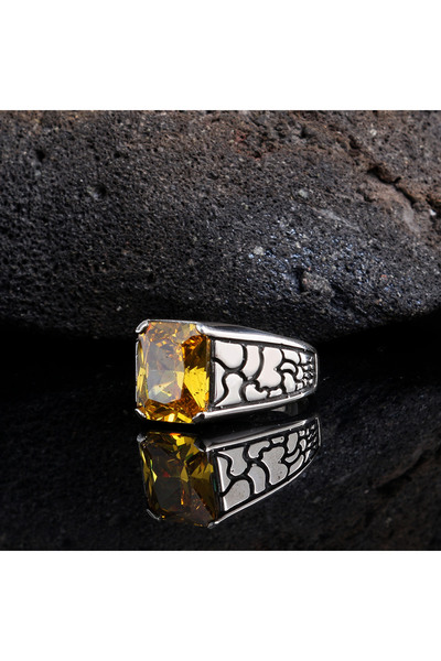 Argento Silver Erkek gümüş yüzük sarı sitrin taşlı