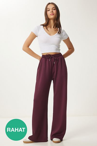 Lovelyİstanbul Pantaloni de sport modal roșii Claret cu picioare largi - LUB0070