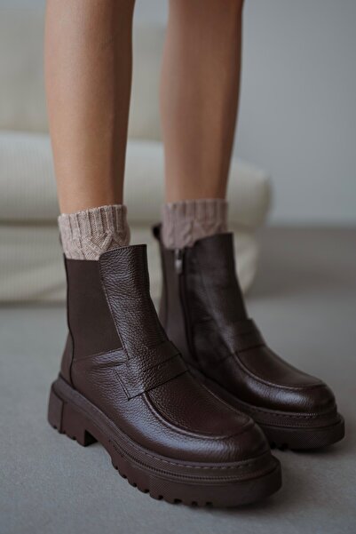 selin shoes Γυναικείες μπότες Viola από γνήσιο δέρμα με λεπτομέρεια ελαστικής ζώνης - Bitter Brown