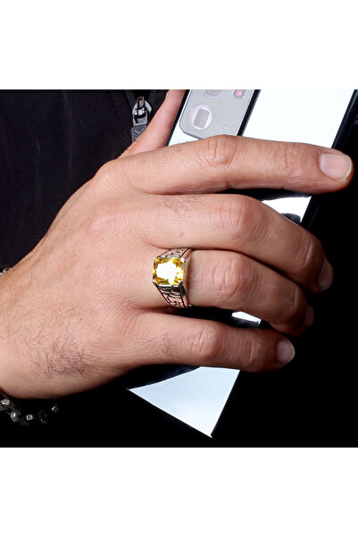 Argento Silver Erkek gümüş yüzük sarı sitrin taşlı