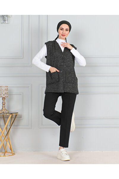 FATELLA Kadın Anne Kısa Desenli Kışlık Ince Düğmeli Cepli Penye Yelek Anneler Günü