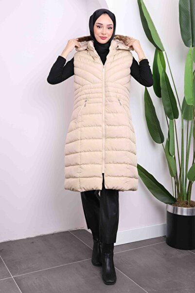 İmajButik Beige Large Size Furry Puffer Vest
