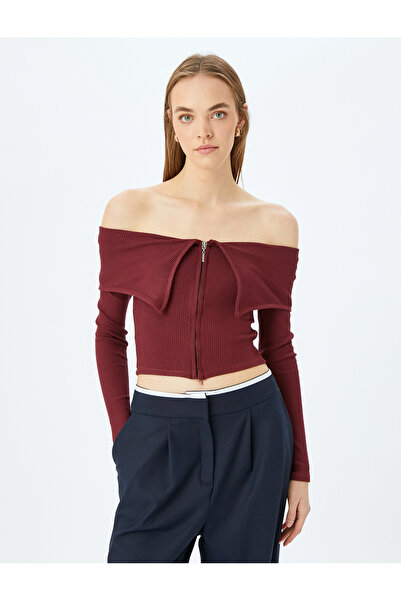 Koton Crop T-shirt με μακρυμάνικο φερμουάρ από τον ώμο Slim Fit