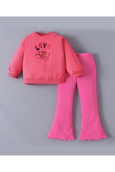 SAPS Cotton Blend Hearts Graphic Full Sleeves Top & Solid Flared Pants Set - Pink