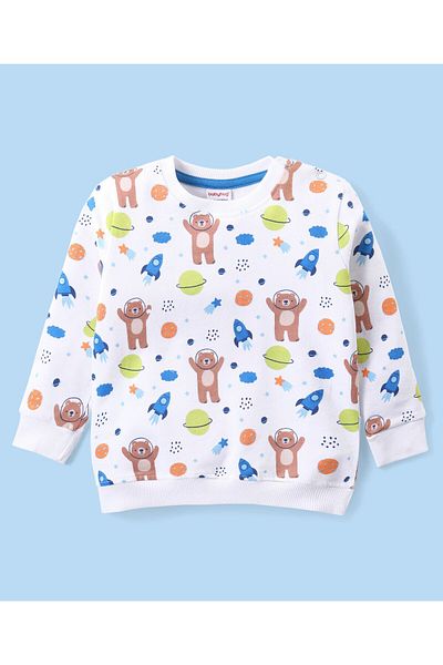 Babyhug Cotton Knit Full Sleeves Bear Printed T-Shirt & Pants Set - White & Blue