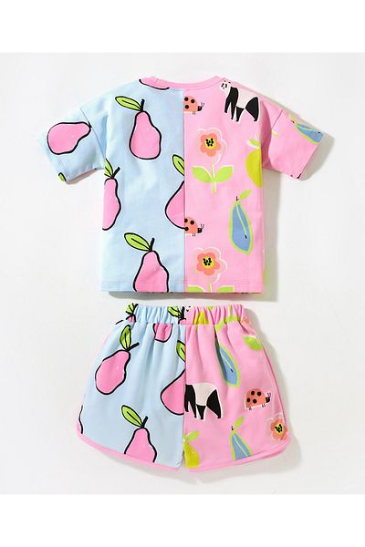 SAPS All Over Animals & Fruits Print T-shirt & Shorts/Co-ord Set - Multicolor