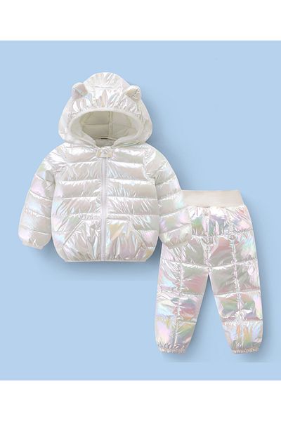 SAPS Full Sleeves Hooded Solid 3D Ears Detail Padded Jacket & Pants/Co-ord Set - White