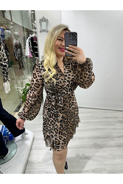 SBUTİK Damla Leopar Siyah Desenli Kruvaze Yakalı Şifon Elbise mc 5924