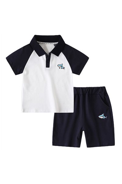 SAPS Shark Embroidered Polo Shirt & Shorts Set - White & Black