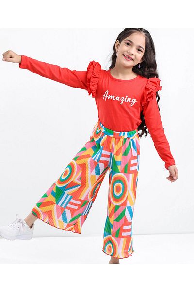 Ollington St. Ollington St.-Sinker Knit Full Sleeves Frill Detailed Top & Woven Pleated Georgette  Set-Multicolor