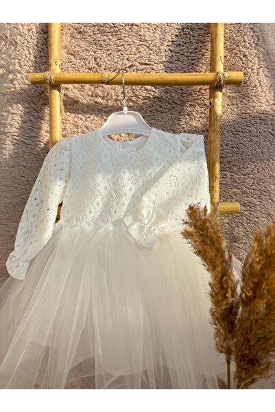 ALYRA Kız Bebek Çocuk Dantel Güpürlü Doğum Günü Parti Düğün Özel Gün Tüllü Astarlı Prenses Abiye Elbise