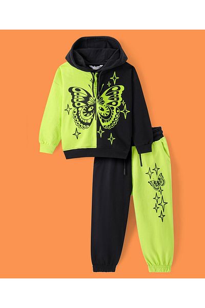 Ollington St. Ollington St. Cotton Knit Full Sleeves Hoodie & Jogger Co-ords Set Butterfly Print - Green & Black