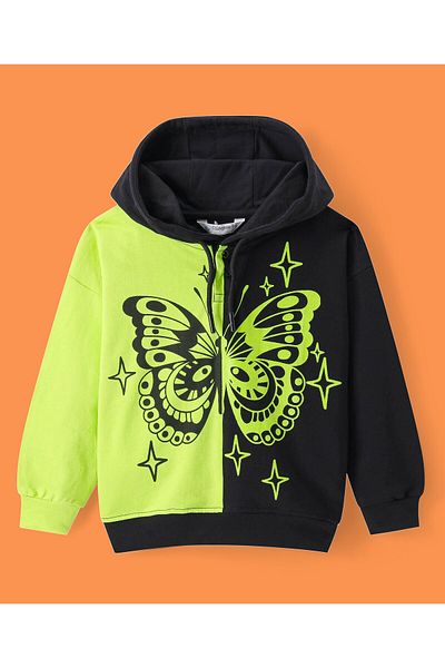 Ollington St. Ollington St. Cotton Knit Full Sleeves Hoodie & Jogger Co-ords Set Butterfly Print - Green & Black