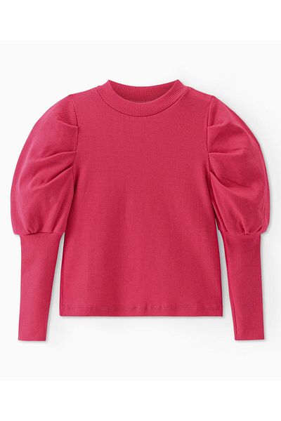 Ollington St. Cotton Knit Puff Sleeves Top & Floral Denim  Set Self Fabric Belt-Pink & Indigo