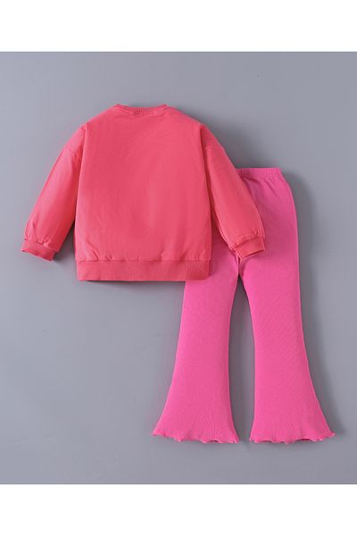 SAPS Cotton Blend Hearts Graphic Full Sleeves Top & Solid Flared Pants Set - Pink