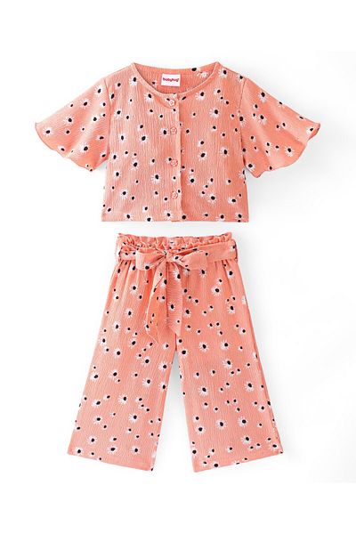 Babyhug Babyhug 100% Cotton Knit Half Sleeve Top & Culottes/Co/ord Set Floral Print - Peach