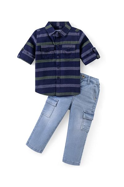 Babyhug - Striped Regular Collar Shirt & Denim Jeans Set - Blue