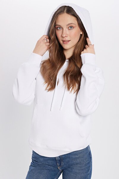 Tudors Unisex Oversize Geniş Kesim Pamuklu Yumuşak Dokulu Içi Polarlı Basic Beyaz Kapüşonlu Sweatshirt