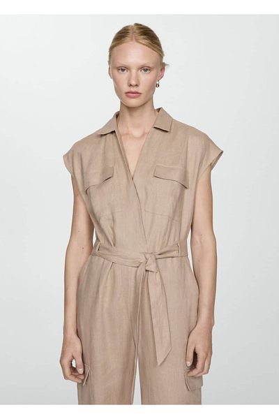 MANGO Woman Cargo Style Linen Jumpsuit
