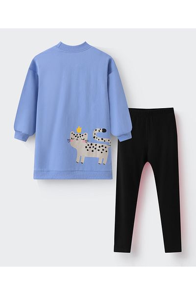 SAPS High Neck Cat Graphic T-Shirt & Solid Leggings Set - Blue & Black