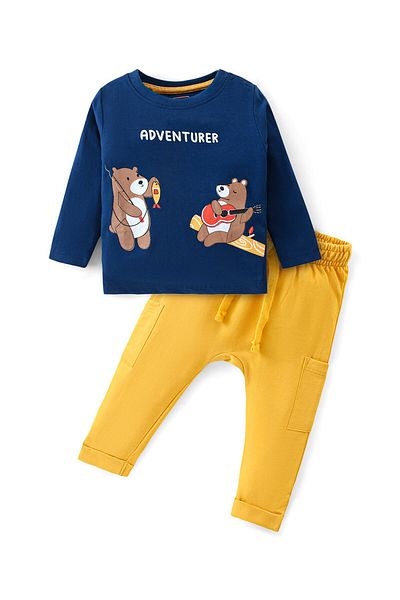 Babyhug - Cotton Knit Full Sleeves T-Shirt & Lounge Pants Set With Bears Print - Blue & Yellow