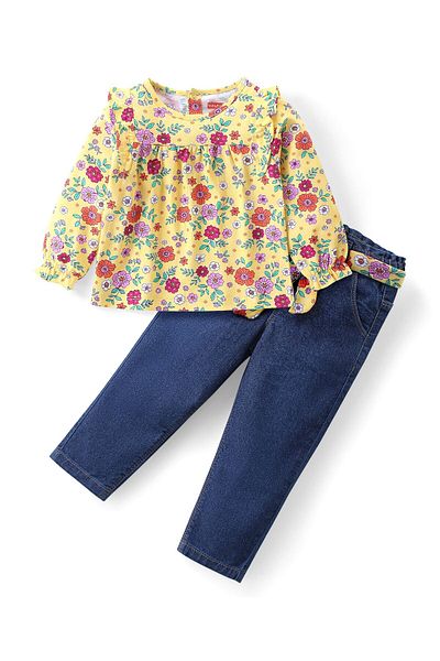 Babyhug Single Jersey Knit Full Sleeves Top & Jeans Set Frill Detailing Floral Print - Yellow & Blue