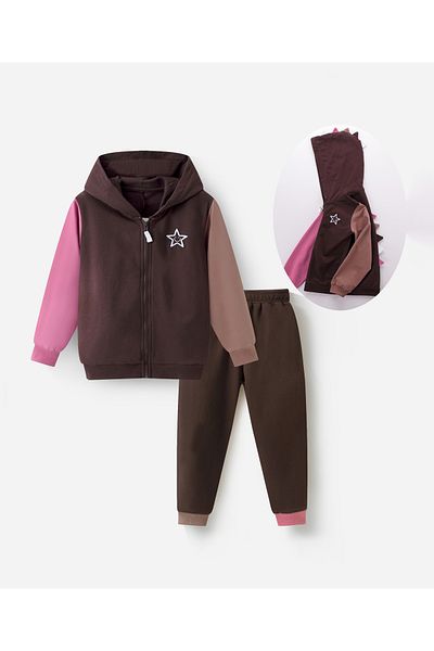 SAPS 100% Cotton Full Sleeves Star Embroidered Hooded Jacket & Solid Pants/Co-ord Set - Brown & Pink