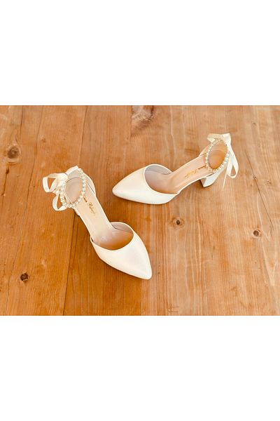 İlkinin Pabuçları Mother of Pearl Bridal Shoes, Women's Evening Dress Shoes with Rhinestone Pearl, 7cm Thick Heel Comfortable Design