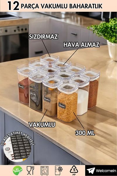 welcomein 12-Piece Transparent Spice Rack Vacuum Set - Leak-Proof and Air-Proof - with Sticker Gift