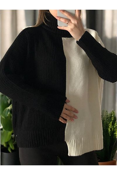 Flow Mi̇sseale Black and White Double Color Detail Pullover