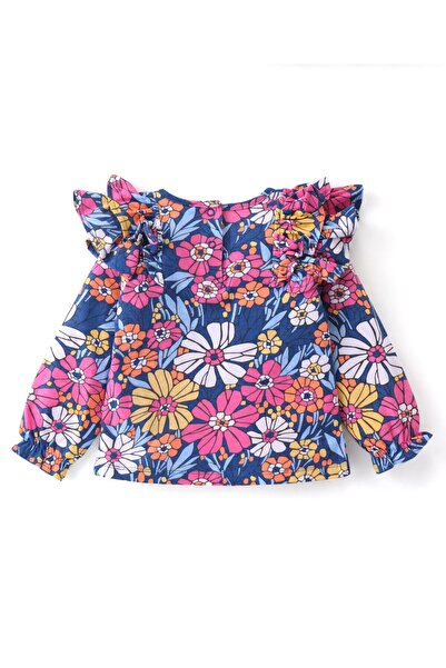 Babyhug - Single Jersey Knit Full Sleeves Top & Leggings Set Floral  & Frill Detailing - Navy Blue