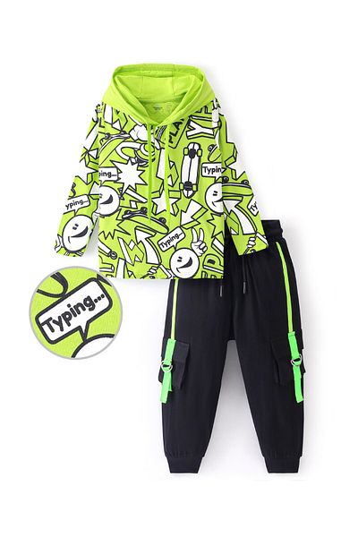Ollington St. Ollington St. 100% Cotton Knit Full Sleeves Hooded Sweatshirt&Joggers Set Emoji Print -Green & Black
