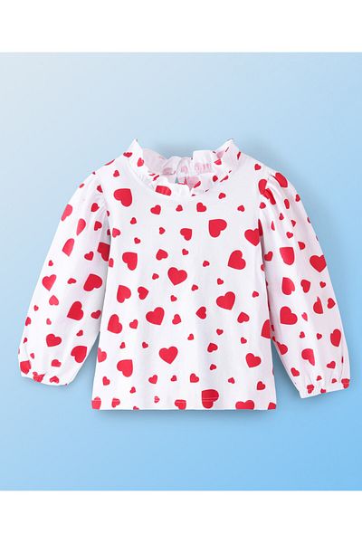 Ollington St. Ollington St.-100% Cotton Knit Full Sleeves Hearts Top & Solid  Set Self Fabric Belt-White & Red