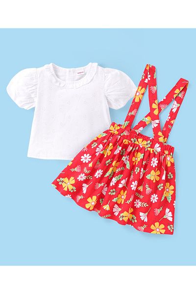 Babyhug Cotton Knit Half Sleeves Schiffli Top & Floral Printed Skirt With Suspenders - White & Red