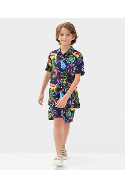 Primo Gino Leaves All Over Printed Shirt and Shorts/Co-ord Set - Navy