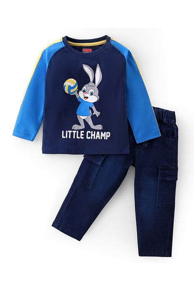 Babyhug - Single Jersey Knit Raglan Sleeves T-Shirt & Denim Pants Set With Bunny Print - Blue