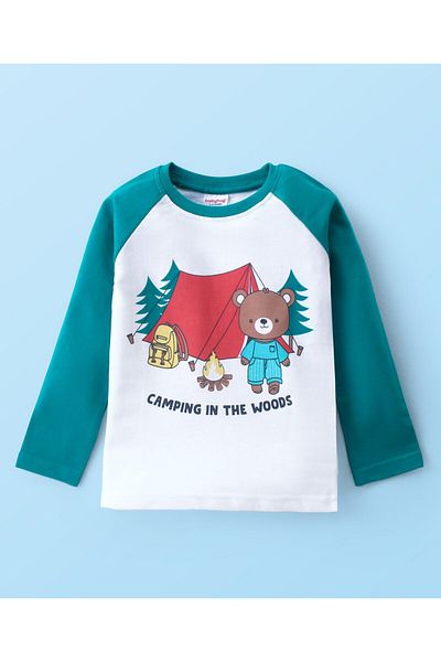 Babyhug Cotton Knit Raglan Sleeves T-Shirt & Lounge Pants Set With Camping Print - White & Green