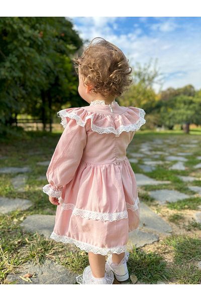 ALYRA Girl's Baby Long Sleeve Ruffled Lace Lined Special Day Party Birthday Daily Linen Dress
