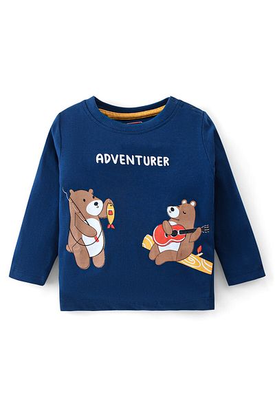 Babyhug - Cotton Knit Full Sleeves T-Shirt & Lounge Pants Set With Bears Print - Blue & Yellow