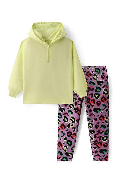 Primo Gino - Girls Cotton Full Sleeves Solid Zipper Hoodie With Printed Leggings Set - Light Green