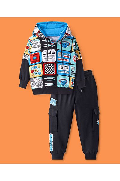 Ollington St. Ollington St. 100% Cotton Knit Full Sleeves Printed Hooded Sweatshirt & Joggers Set - Multicolor
