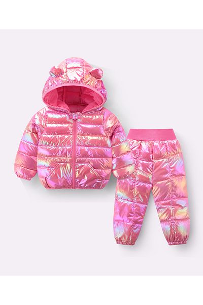 SAPS Full Sleeves Hooded Solid 3D Ears Detail Padded Jacket & Pants/Co-ord Set - Fuchsia