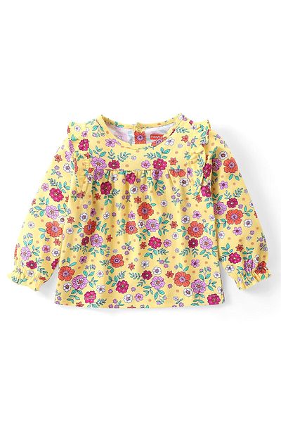 Babyhug Single Jersey Knit Full Sleeves Top & Jeans Set Frill Detailing Floral Print - Yellow & Blue