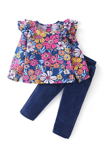 Babyhug - Single Jersey Knit Full Sleeves Top & Leggings Set Floral  & Frill Detailing - Navy Blue