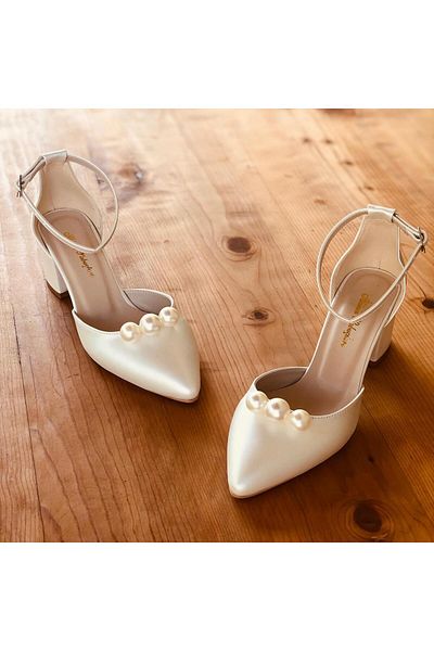 İlkinin Pabuçları Sedef Women's Evening Dress 3 Pearl Shoes, 5cm Thick Heel Ecru Bridal Shoes, Wedding Dress Shoes