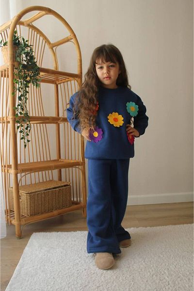Lolliboomkids Girls' Navy Blue Fleece Floral Embroidery Sweatshirt and Sweatpants Set - Soft 3 Yarn