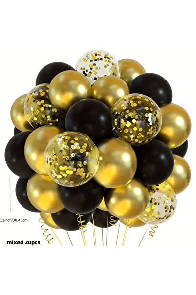 KAR TANESİ 50 Adet Siyah Gold Konfettili Balon Seti Doğum Günü Parti Süsleme