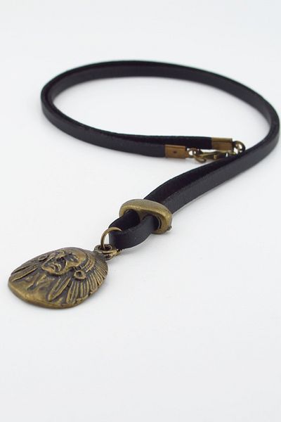Solfera Native American Chief Mythological Bronze Metal Black Leather Men's Necklace Q0946