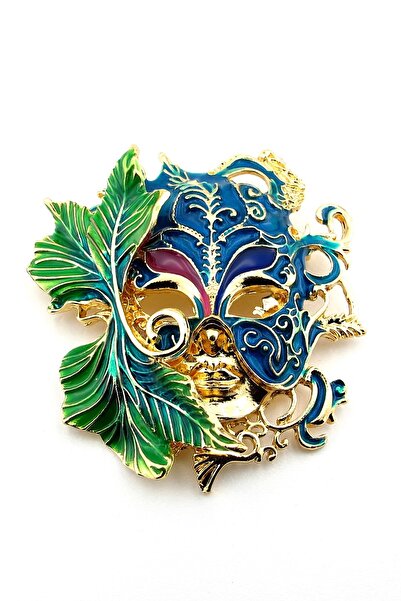 Solfera Büyük Boy Venedik Maskesi Balo Temalı Yeşil Yapraklar Yaka Süsü Broş Rz268